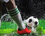 Soccer Football Players Kicking To Soccer Ball On Green Grass Fi Stock Photo