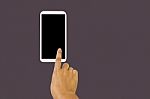 Solated Hand With Finger Press On Big Blank Screen Smartphone Stock Photo