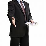 Some Unrecognizable Businessman In Dark Suit Shows A Spread Of 2 Stock Photo