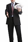 Some Unrecognizable Businessman In Dark Suit Shows A Spread Of 2 Stock Photo