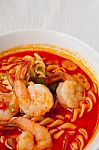 Spaghetti Tom-yum Seafood Closeup Stock Photo