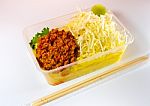 Spaghetti With Sauce / Take Home Food In Plastic Packaging Stock Photo