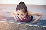 Sport Urban Young Athletic Woman Doing Push-ups. Muscular And St Stock Photo