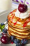 Stack Of Pancakes With Fresh Berries Stock Photo