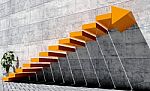 Steps To Move Forward To Next Level, Success Concept, Orange Staircase With Arrow Sign And Concrete Wall In Exterior Scene Stock Photo
