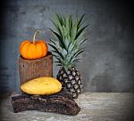 Still Life Pumpkin,pineapple And Mango Fruits Stock Photo