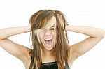Stressed Crazy Lady Pulling Hair Stock Photo