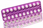 Strip Of Contraceptive Pill With English Instructions Isolated On White Background With Clipping Path Stock Photo