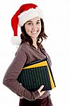 Student Wearing Santa Hat With Note Stock Photo