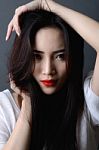 Studio Shot, Close Up Face Of Beautiful Asian Woman Model Black Stock Photo