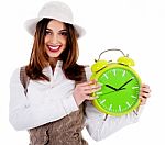 Stylish Lady Holding Alarm Clock Stock Photo