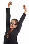 Successful Business Woman With Arms Up Stock Photo
