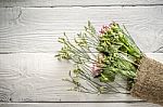 Summer Flowers Bouquet On The White Wooden Background Top View Stock Photo