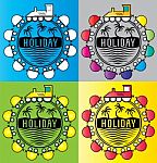 Summer Holiday Design Stamps With Cartoon Train Illustration Stock Photo