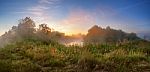 Summer Misty Sunrise On The River. Foggy River In The Morning. P Stock Photo
