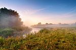 Summer Misty Sunrise On The River. Foggy River In The Morning. S Stock Photo