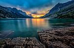 Sunset At St. Mary Lake, Glacier National Park, Mt Stock Photo