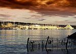 Sunset Oslo Yacht Club Near Coast Background Stock Photo