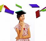Teenage Student With Flying Books Stock Photo