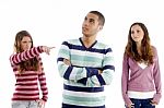 Teens Girl Pointing Towers Boy And Guy Looking Sideways Stock Photo