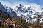 Temple On The Snow Mountains In Yading Stock Photo