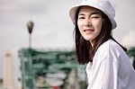 Thai Adult Girl White T-shirt Beautiful Girl Relax And Smile Stock Photo