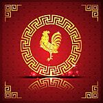 The Big Gold  Roosters In Chinese Circle On Red Background And Shadow Stock Photo