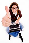 Top View Of Smiling Man With Thumbs Up And Laptop Stock Photo