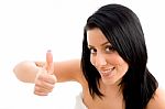 Top View Of Woman Showing Thumb Up On An Isolated Background Stock Photo