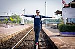 Tourists Man Are Enjoying The Train Station Stock Photo