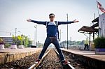 Tourists Man Are Enjoying The Train Station Stock Photo