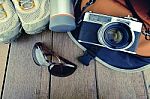 Travelling Set With Wood Background In Vintage Look Stock Photo