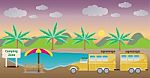 Truck And Camping Caravan Car With Lake Landscape Background Stock Photo