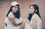 Two Asia Thai High School Student Best Friends Beautiful Girl Smile And Funny Stock Photo