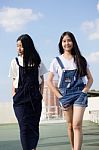 Two Asia Thai High School Student Best Friends Beautiful Girl Smile And Funny Stock Photo
