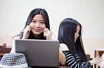 Two Asia Thai High School Student Uniform Best Friends Beautiful Girl Using Her Laptop Stock Photo