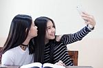 Two Asia Thai Teen Best Friends Girls Make Picture Selfie Pic Stock Photo