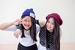 Two Asia Thai Teen Best Friends Girls Smile And Funny Stock Photo