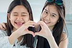 Two Asia Thai Teen Best Friends Girls Smile And Funny Stock Photo