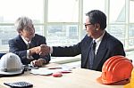 Two Engineer Construction Business Man Shaking Hand After Project Solution Meeting Successful In Office Meeting Room Stock Photo