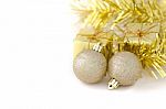 Two Gold Ball With Gift Box For New Year And Christmas Stock Photo
