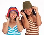Two Teenage Girls In Hats Stock Photo