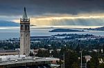 Uc Berkeley Sather Tower With Sunrays Stock Photo