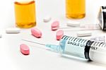 Vaccine / Hypodermic Syringe / Needle / Pills Stock Photo