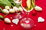 Valentine's Day Sweets And Champagne Setup Stock Photo