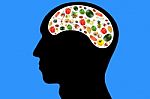 Vegetables And Fruits In Head On Blue Background Stock Photo