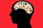 Vegetables And Fruits In Head On Red Background Stock Photo
