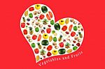 Vegetables And Fruits In White Heart On Red Background Stock Photo