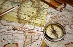 Vintage Map And Vintage Compass Stock Photo