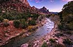 Watchman Peak And Virgin River In The Evening Stock Photo